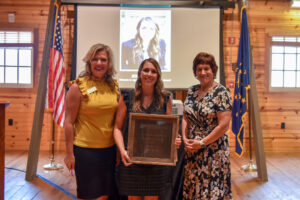 Photo courtesy of Indiana State Department of Agriculture. Joelle Orem was presented the 2022 Purdue Extension Women in Agriculture Achievement Award on Aug. 4, 2022 at the Indiana State Fairgrounds. Pictured Angie Abbott, assistant dean of Purdue University’s College of Health and Human Sciences and associate director for Purdue Extension, Joelle Orem and Karen Plaut, the Glenn W. Sample Dean of Purdue Agriculture.