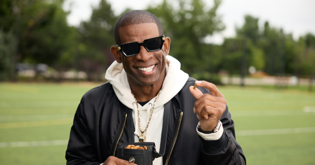 In an Almond Board of California celebrity partnership, Deion Sanders, aka Coach Prime, will promote the exercise recovery benefits of almonds. Photo courtesy of Almond Board of California.
