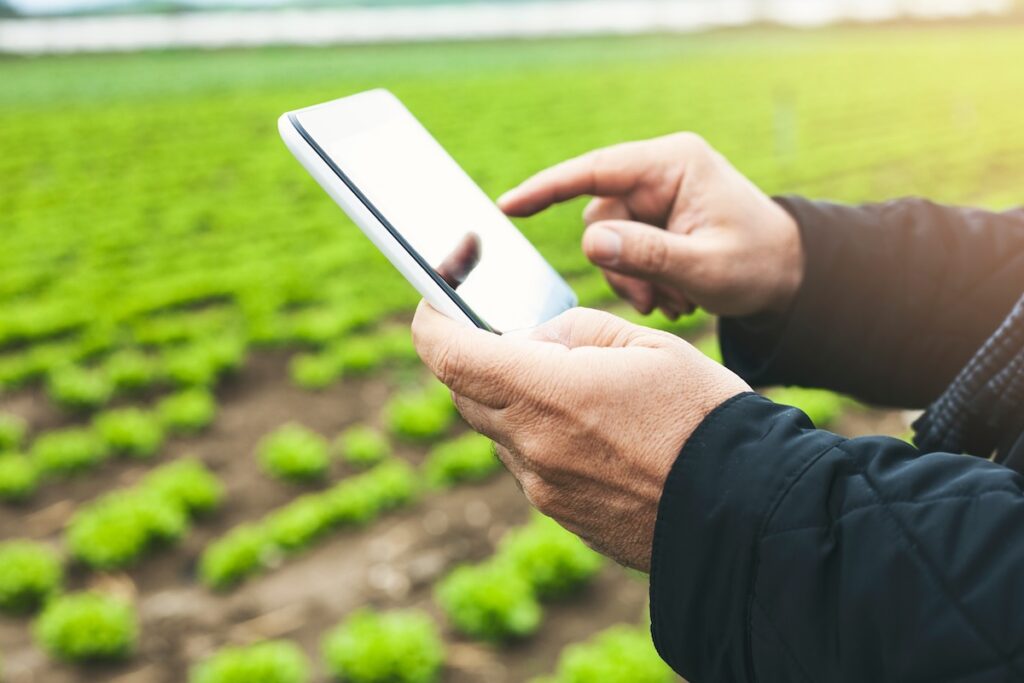 Farmers holding tablet in the field.