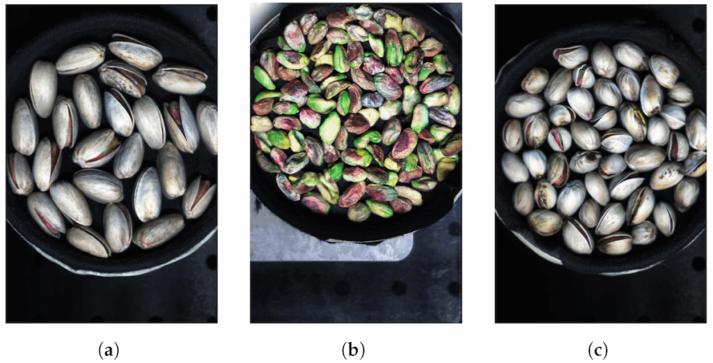 Three images of pistachios in bowls shown in different wavelengths.
