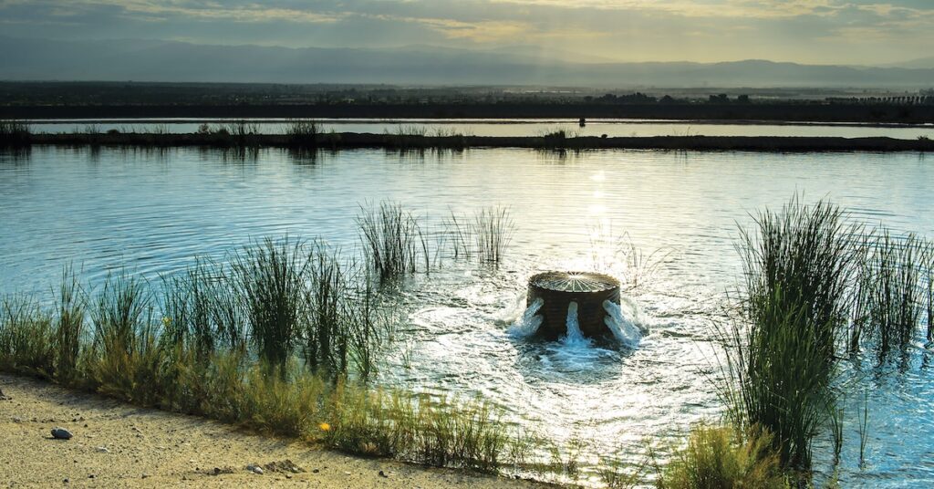 Water flowing out of a pump in a recharge pond.