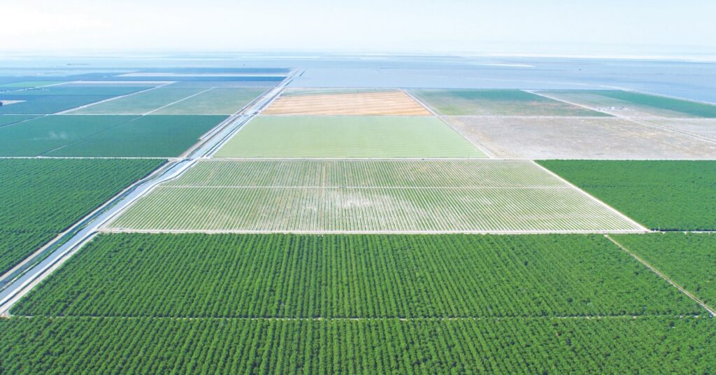 Aerial view of agricultural fields sitting next to flooded land.