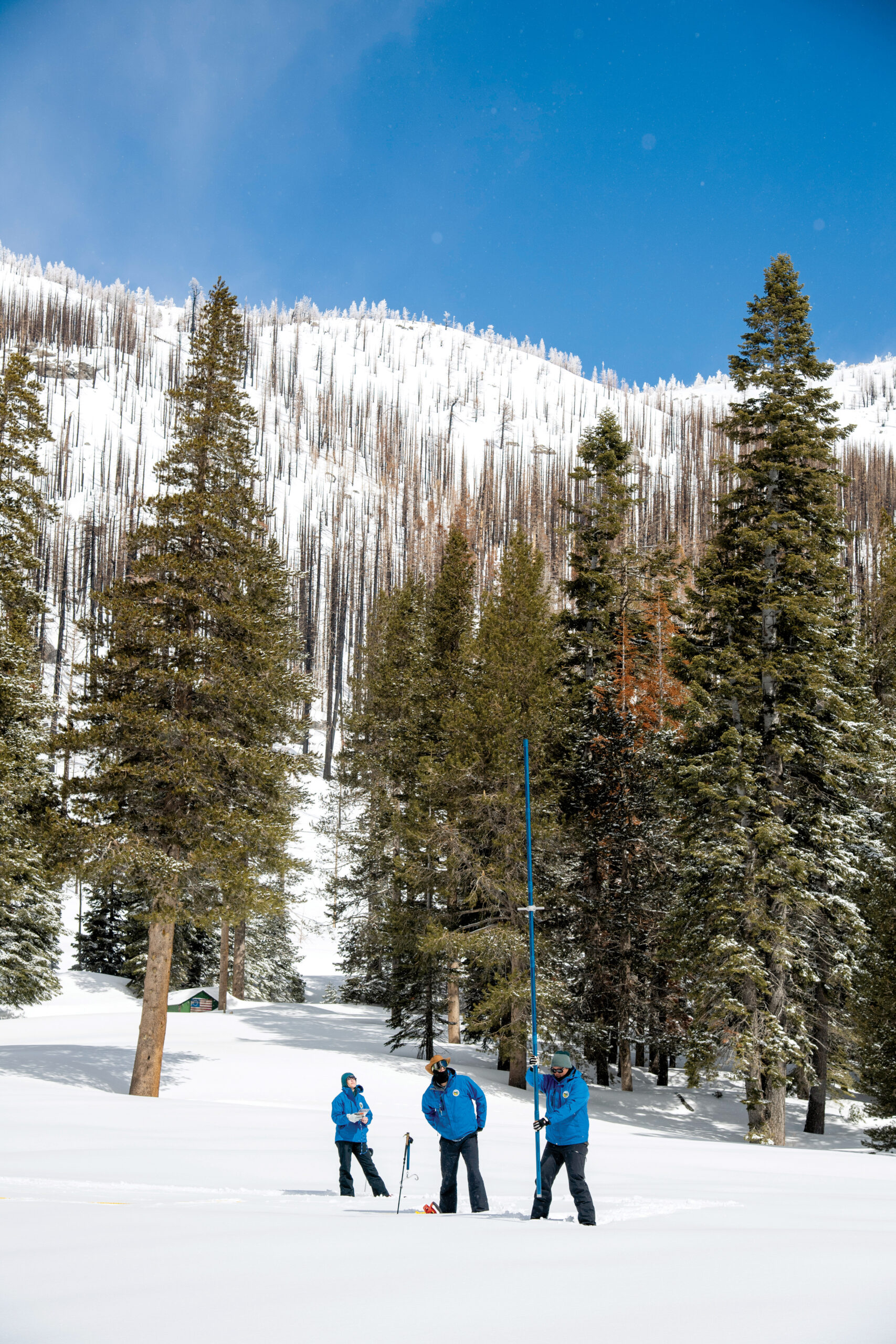 Water Resources Snow Surveys and Water Supply Forecasting Unit during the fourth media snow survey (left to right): Jordan Thoennes, and Jacob Kollen. Photo: California Department of Water Resources