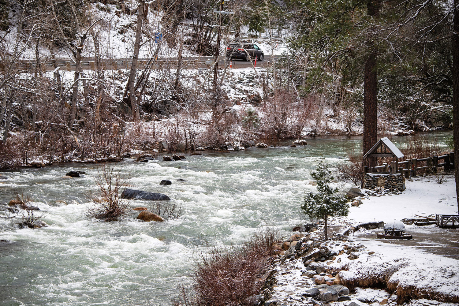 Water from snowmelt flowed down a section of the South Fork of the American River near White Hall in El Dorado County. Photo taken March 3, 2023. Photo: California Department of Water Resources