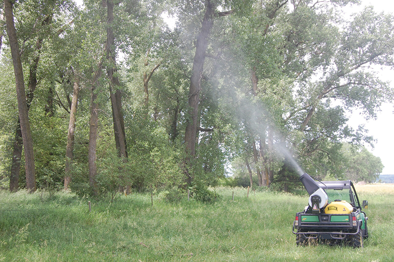 A small piece of farm equipment spraying chemicals onto trees.