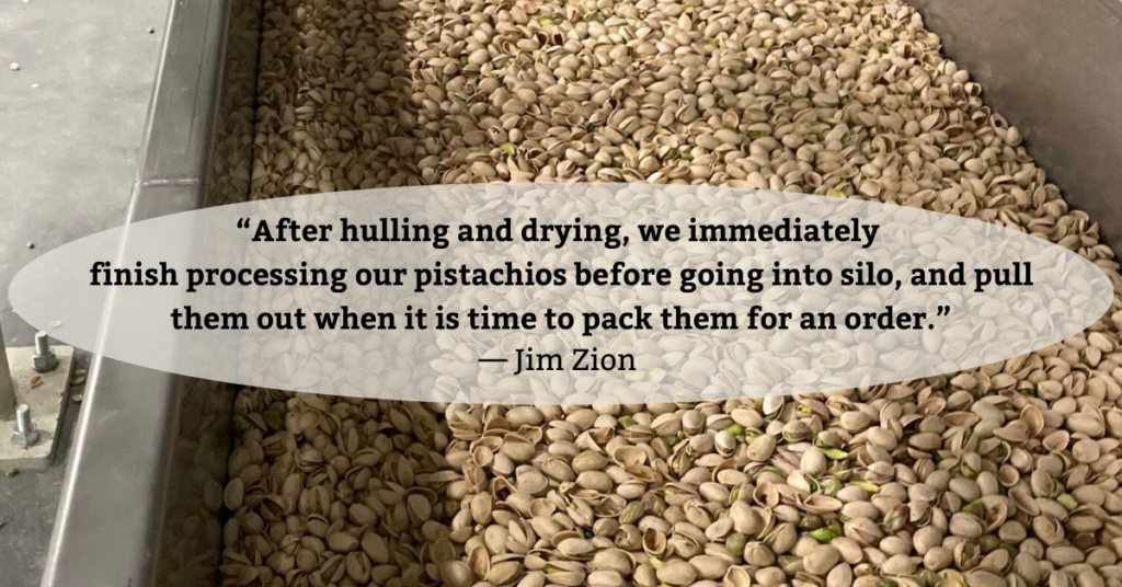 Pistachios on a conveyor, overlayed with text from a quote from the article. 