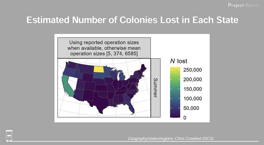 US map showing number of bee colonies lost in each state.