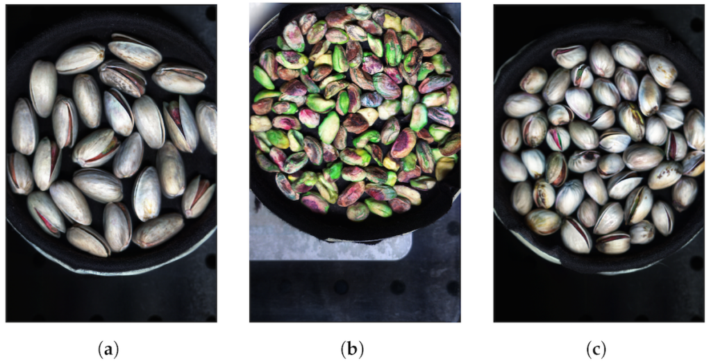 Three images of pistachios in bowls shown in different wavelengths.