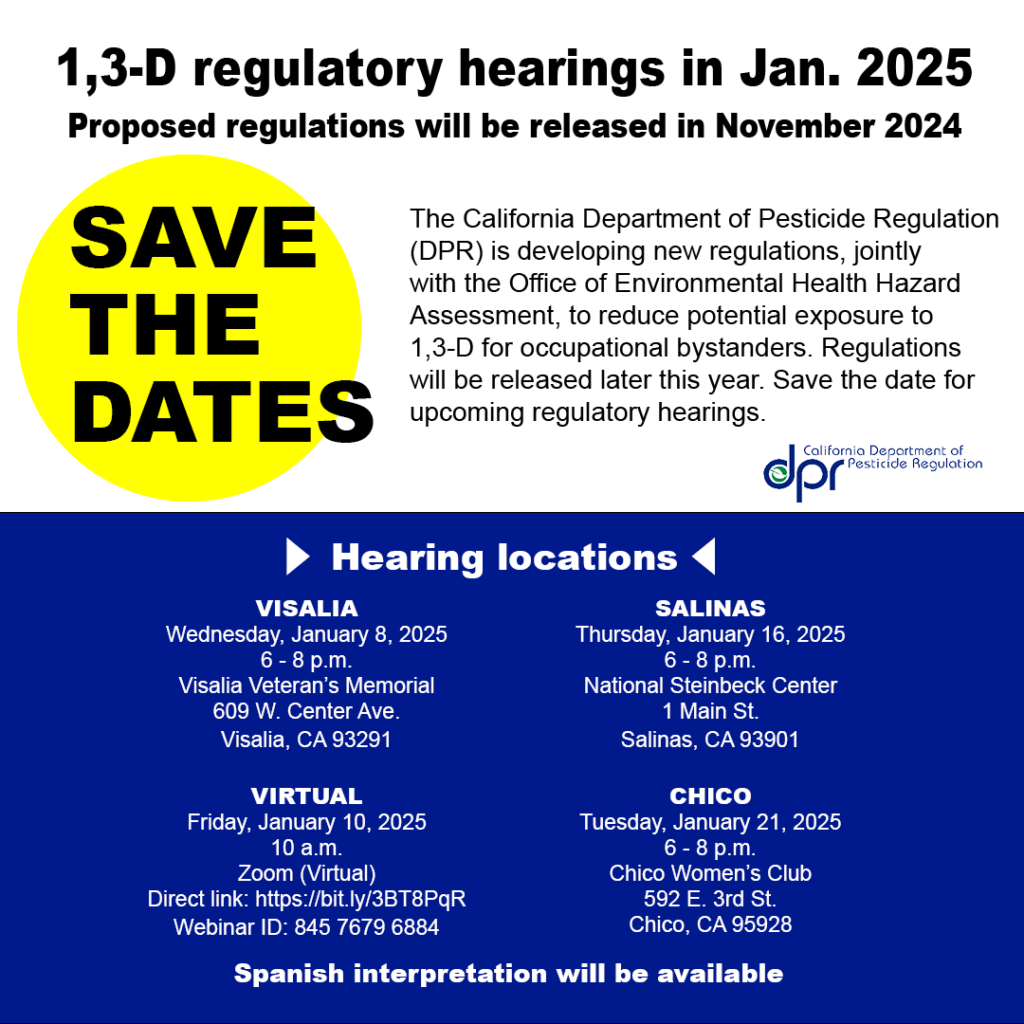 California Department of Pesticide Regulation schedules public hearings on 1,3-D regulations