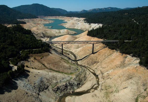 This photo shows California’s largest reservoir, Lake Oroville, nearly dry on August 19, 2014. Credit: California Department of Water Resources