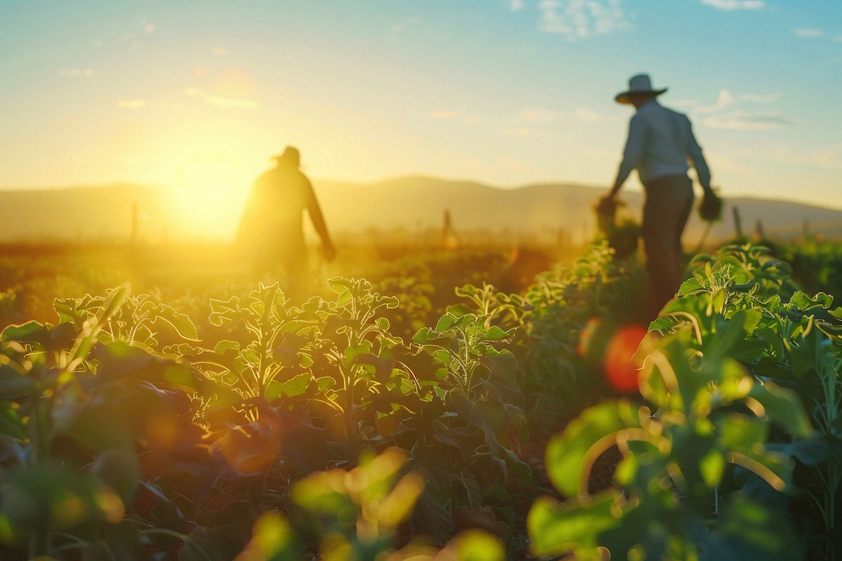Farmers at Sunset in the Fields. Backlit farmers working in the field at sunset